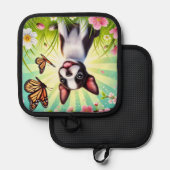 Niedliche Welpe mit Blüten und Schmetterlingen Topflappen (Vorderseite/Rückseite)