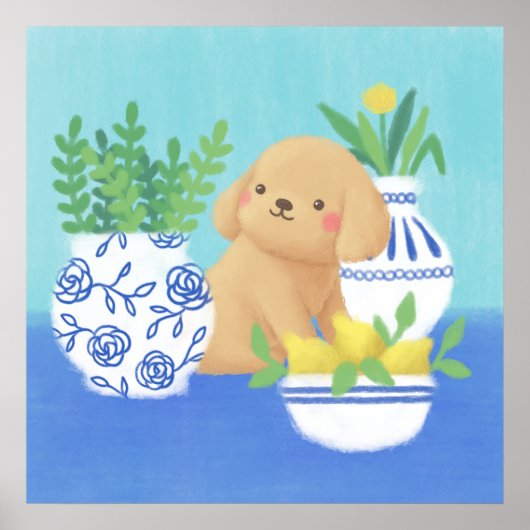 Niedliche Welpe mit Pflanze, Zitronen und Blume Poster (Vorne)