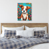Niedliche Welpe mit Whimsical Folk Art Blume Leinwanddruck (Insitu (Schlafzimmer))