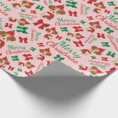 Niedliche Welpe Ribbons Frohe Weihnachten Rosa Nah Geschenkpapier (Ecke)