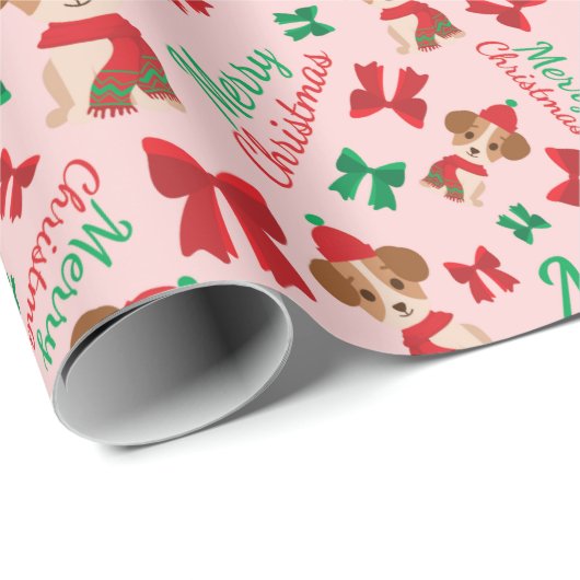 Niedliche Welpe Ribbons Frohe Weihnachten Rosa Nah Geschenkpapier (Rolleneckpunkt)