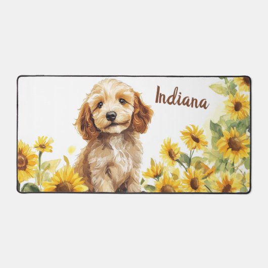 Niedliche Welpe Sonnenblumen Wasserfarbe Schreibtischunterlage (Vorderseite)