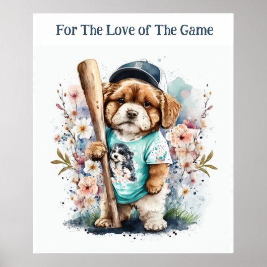 Niedliche Welpe spielen Baseball-Blumentierwerbung Poster (Vorne)
