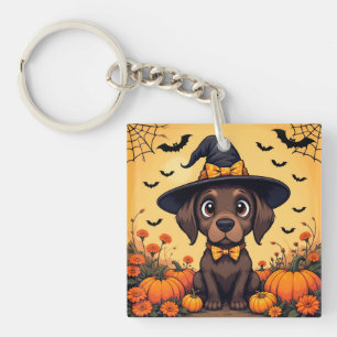 Niedliche Welpe, verkleidet als Hexe zu Halloween Schlüsselanhänger