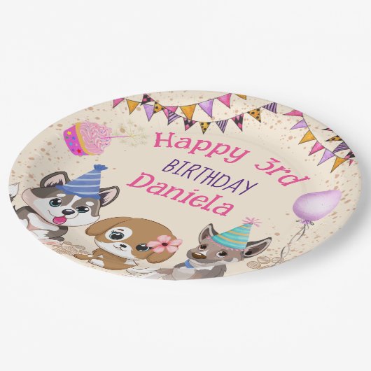 Niedliche Welpen-Geburtstagsparty Pappteller (Schrägansicht)