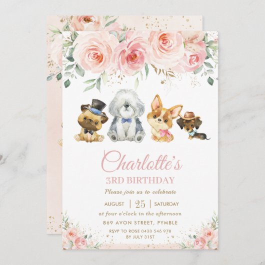 Niedliche Welpen Hunde Blush Pink Bläsermädchen Ge Einladung (Vorne/Hinten)