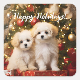 Niedliche Welpen Hunde Happy Holidays Weihnachten Quadratischer Aufkleber