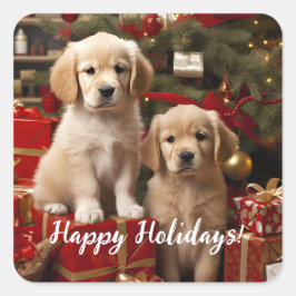 Niedliche Welpen Hunde Happy Holidays Weihnachten Quadratischer Aufkleber