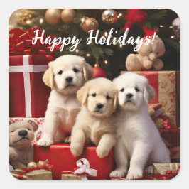 Niedliche Welpen Hunde Happy Holidays Weihnachten Quadratischer Aufkleber