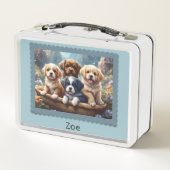 Niedliche Welpen in einem Korb, individuelle Kinde Metall Brotdose (Rückseite)