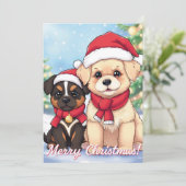 Niedliche Welpen in Weihnachtsmannmützen Feiertagskarte (Stehend Vorderseite)