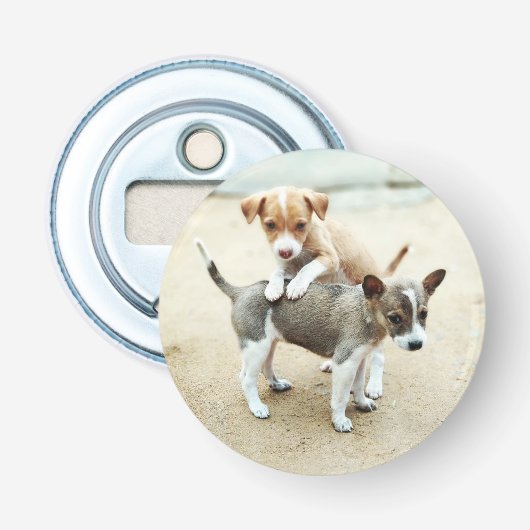 Niedliche Welpen spielen am Strand Flaschenöffner (Vorderseite)