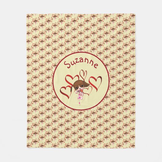 Niedliche Welpen und Rotes Herz Personalisiert Fleecedecke (Vorderseite)