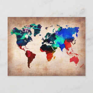 Niedliche Weltkarte für Aquarellbilder Postkarte