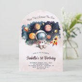 Niedliche Weltraumplaneten 1. Geburtstag Einladung (Stehend Vorderseite)