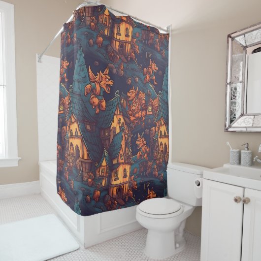 Niedliche Werwölfe rund um ein Dorf Duschvorhang (Beispiel)