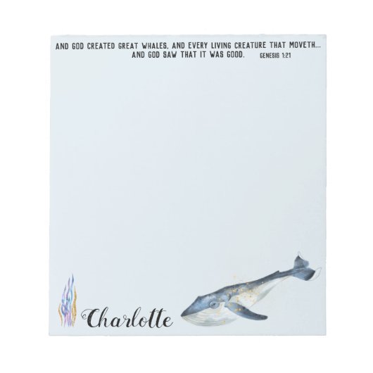 Niedliche Whale Bible Verse Christliches Geschenk Notizblock (Vorderseite)