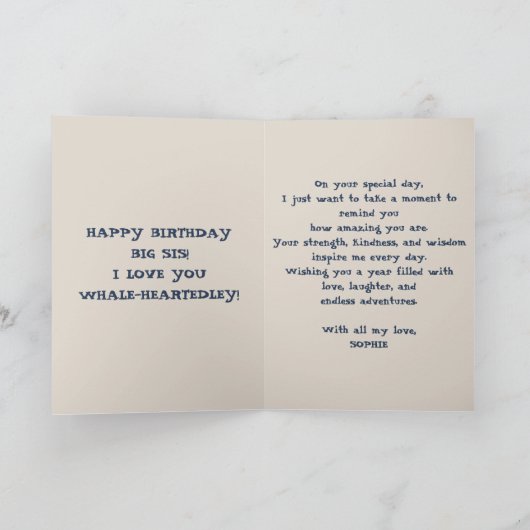 Niedliche Whales Big Sister Navy Blue Happy Geburt Karte (Innenseite)