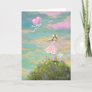Niedliche Whimsical Art Girl mit Herzballon Feiertagskarte