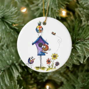 Niedliche Whimsical Birds in einem Geburtshaus Keramik Ornament