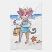 Niedliche Whimsical Cat am Strand Geschirrtuch (Vertikal)