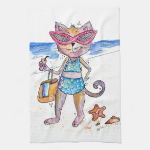 Niedliche Whimsical Cat am Strand Geschirrtuch
