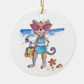 Niedliche Whimsical Cat am Strand Keramik Ornament (Vorne)