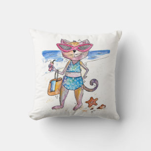 Niedliche Whimsical Cat am Strand Kissen
