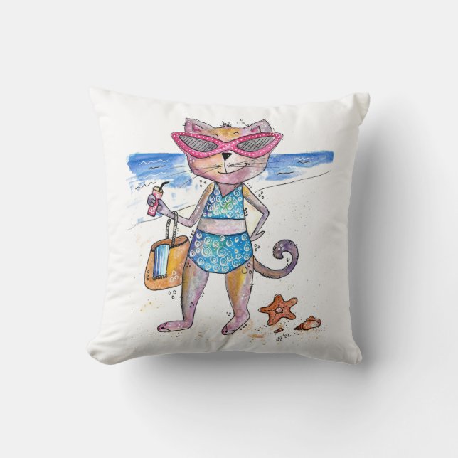 Niedliche Whimsical Cat am Strand Kissen (Vorderseite)
