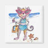 Niedliche Whimsical Cat am Strand Magnet (Vorne)