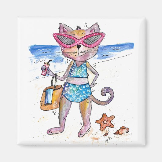 Niedliche Whimsical Cat am Strand Magnet (Vorne)