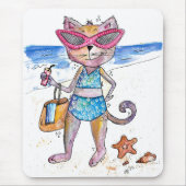 Niedliche Whimsical Cat am Strand Mousepad (Vorne)