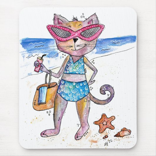 Niedliche Whimsical Cat am Strand Mousepad (Vorne)