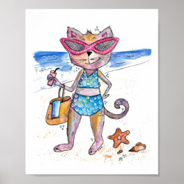 Niedliche Whimsical Cat am Strand Poster
