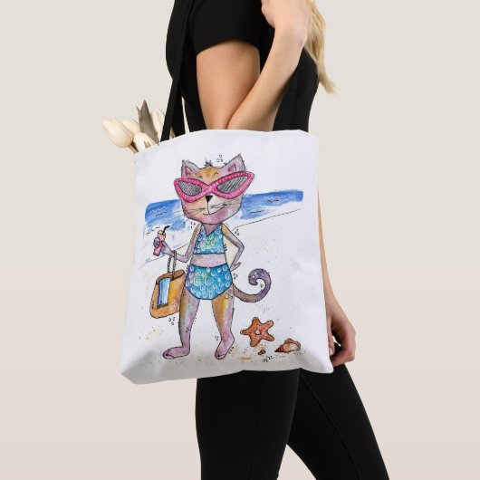 Niedliche Whimsical Cat am Strand Tasche (Von Nahem)