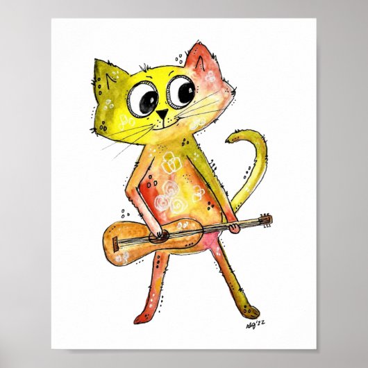 Niedliche Whimsical Cat Playing Gitarre Poster (Vorne)