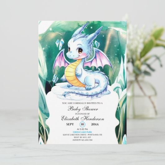 Niedliche Whimsical Dragon Baby-Dusche Einladung (Stehend Vorderseite)
