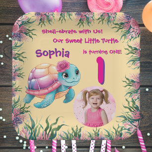 Niedliche Whimsical Floral Sea Turtle Girly Geburt Pappteller