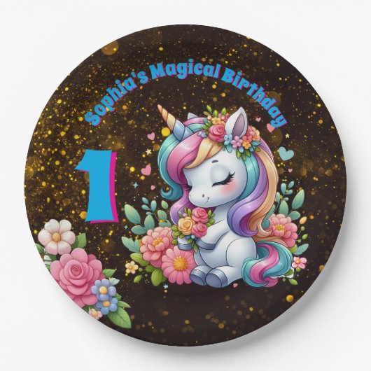 Niedliche Whimsical Floral Unicorn Girly 1. Geburt Pappteller (Vorderseite)