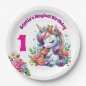 Niedliche Whimsical Floral Unicorn Girly 1. Geburt Pappteller (Vorderseite)