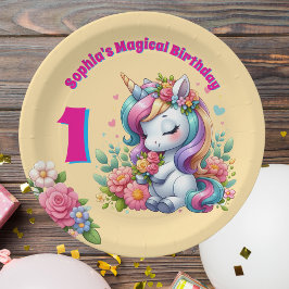 Niedliche Whimsical Floral Unicorn Girly 1. Geburt Pappteller