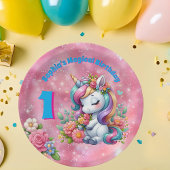 Niedliche Whimsical Floral Unicorn Girly 1. Geburt Pappteller
