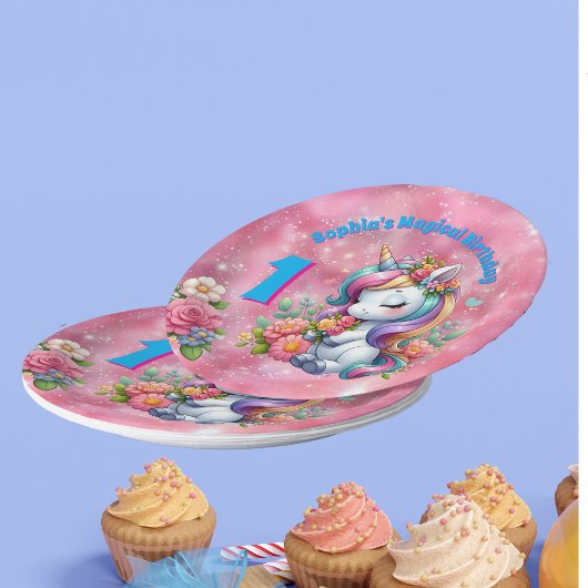 Niedliche Whimsical Floral Unicorn Girly 1. Geburt Pappteller