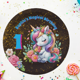 Niedliche Whimsical Floral Unicorn Girly 1. Geburt Pappteller