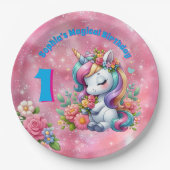 Niedliche Whimsical Floral Unicorn Girly 1. Geburt Pappteller (Vorderseite)