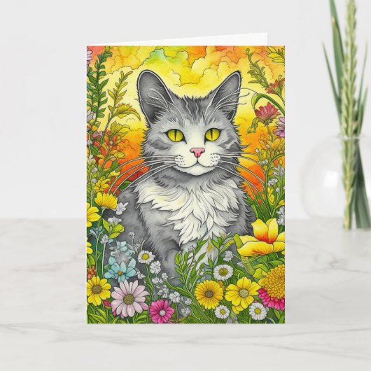 Niedliche Whimsical Folk Art Art Cat and Blume Karte (Vorderseite)