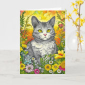 Niedliche Whimsical Folk Art Art Cat and Blume Karte (Gelbe Blume)