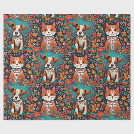 Niedliche Whimsical Folk Art Cat and Dog and Blume Geschenkpapier (Flach)