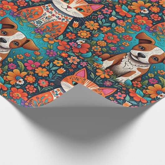 Niedliche Whimsical Folk Art Cat and Dog and Blume Geschenkpapier (Ecke)