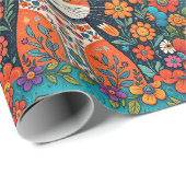 Niedliche Whimsical Folk Art Cat and Dog and Blume Geschenkpapier (Rolleneckpunkt)